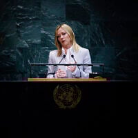 Italian Prime Minister Giorgia Meloni speaks during the General Debate of the United Nations General Assembly, in New York City, on September 24, 2025. (Leonardo MUNOZ / AFP)