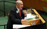 Prime Minister Benjamin Netanyahu speaks during the General Debate of the United Nations General Assembly at UN headquarters in New York City on September 26, 2025. (ANGELA WEISS / AFP)