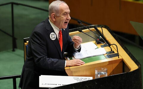 Prime Minister Benjamin Netanyahu speaks during the General Debate of the United Nations General Assembly at UN headquarters in New York City on September 26, 2025. (ANGELA WEISS / AFP)