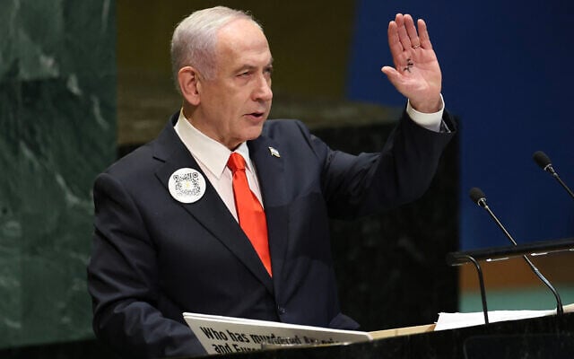 Prime Minister Benjamin Netanyahu speaks during the General Debate of the United Nations General Assembly at UN headquarters in New York City on September 26, 2025. (Photo by ANGELA WEISS / AFP)