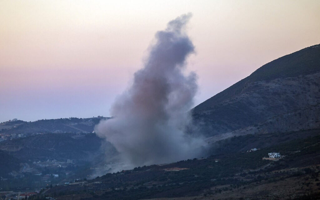 Smoke rises following an Israeli airstrike on the outskirts of the southern Lebanese village of Jarmaq, on September 28, 2025. (Rabih DAHER / AFP)