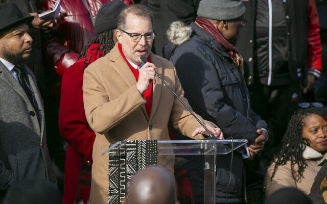 Manhattan Borough President Mark Levine speaks at the unveiling of the Gate of the Exonerated along a Central Park perimeter wall in New York City on December 19, 2022. (AP/Ted Shaffrey)