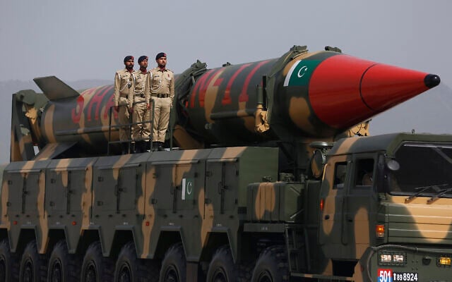 A Pakistani-made Shaheen-III missile, which is capable of carrying nuclear warheads, is displayed during a military parade to mark Pakistan National Day, in Islamabad, Pakistan, on March 23, 2022. (AP Photo/Anjum Naveed, File)