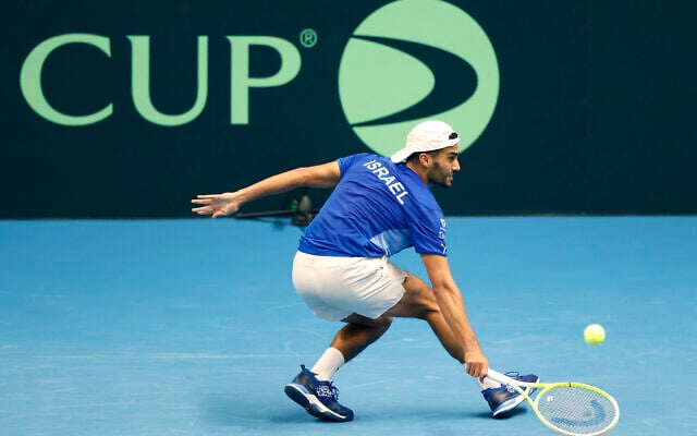 FILE: Daniel Cukierman of Israel returns the ball to Yannick Hanfmann of Germany during the Davis Cup qualifier tennis match between Israel and Germany in Vilnius, Lithuania, on January 31, 2025. (AP Photo/Mindaugas Kulbis) FILE: Daniel Cukierman of Israel returns the ball to Yannick Hanfmann of Germany during the Davis Cup qualifier tennis match between Israel and Germany in Vilnius, Lithuania, on January 31, 2025. (AP Photo/Mindaugas Kulbis)