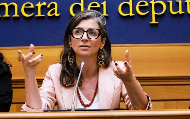 Francesca Albanese, UN Special Rapporteur on the Palestinian Territories, speaks to journalists in Rome, July 29, 2025. (AP Photo/Gregorio Borgia)