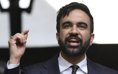 New York City Democratic mayoral candidate Zohran Mamdani speaks on stage for the March on Wall Street, August 28, 2025, in New York. (AP Photo/Heather Khalifa)
