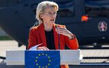President of European Commission Ursula von der Leyen speaks during a joint press conference with Lithuania's President Gitanas Nauseda at the Border Guard School near Lithuanian-Belarusian border, near the village Medininkai, east of the capital Vilnius, Lithuania, Sept. 1, 2025. (AP Photo/Mindaugas Kulbis)