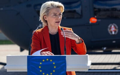 President of European Commission Ursula von der Leyen speaks during a joint press conference with Lithuania's President Gitanas Nauseda at the Border Guard School near Lithuanian-Belarusian border, near the village Medininkai, east of the capital Vilnius, Lithuania, Sept. 1, 2025. (AP Photo/Mindaugas Kulbis)