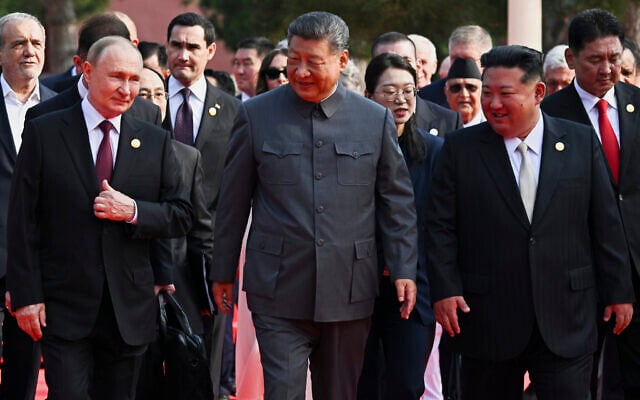 Front from left, Russian President Vladimir Putin, Chinese President Xi Jinping and North Korean leader Kim Jong Un arrive at a military parade to commemorate the 80th anniversary of Japan's World War II surrender in Beijing, China, September 3, 2025. (Sergei Bobylev, Sputnik, Kremlin Pool Photo via AP) Front from left, Russian President Vladimir Putin, Chinese President Xi Jinping and North Korean leader Kim Jong Un arrive at a military parade to commemorate the 80th anniversary of Japan's World War II surrender in Beijing, China, September 3, 2025. (Sergei Bobylev, Sputnik, Kremlin Pool Photo via AP)