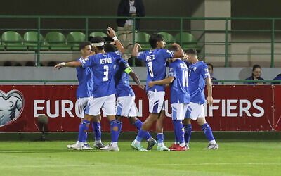 Israel's players celebrate their side's third goal, scored by Israel's Tai Baribo, during a group 1, World Cup qualifier soccer match between Moldova and Israel at the ZImbru stadium in Chisinau, Moldova, September 5, 2025. (AP Photo/Aurel Obreja) Israel's players celebrate their side's third goal, scored by Israel's Tai Baribo, during a group 1, World Cup qualifier soccer match between Moldova and Israel at the ZImbru stadium in Chisinau, Moldova, September 5, 2025. (AP Photo/Aurel Obreja)