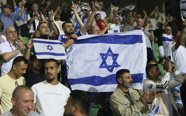 Israel's fans cheer during a group 1, World Cup qualifier soccer match between Moldova and Israel at the ZImbru stadium in Chisinau, Moldova, Sept. 5, 2025. (AP Photo/Aurel Obreja) Israel's fans cheer during a group 1, World Cup qualifier soccer match between Moldova and Israel at the ZImbru stadium in Chisinau, Moldova, Sept. 5, 2025. (AP Photo/Aurel Obreja)