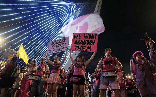 Relatives and supporters of hostages held in the Gaza Strip attend a rally demanding their release from Hamas captivity and calling for an end to the war, in Jerusalem, September 6, 2025. (AP/Mahmoud Illean) Relatives and supporters of hostages held in the Gaza Strip attend a rally demanding their release from Hamas captivity and calling for an end to the war, in Jerusalem, September 6, 2025. (AP/Mahmoud Illean)