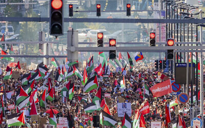 People wave Palestinian flags as they march during an anti-Israel demonstration in the center of Brussels, Sept. 7, 2025. (AP/Geert Vanden Wijngaert)