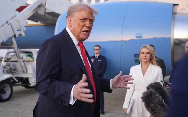 US President Donald Trump speaks upon his arrival at Joint Base Andrews, Maryland, September 7, 2025. (AP/Manuel Balce Ceneta) US President Donald Trump speaks upon his arrival at Joint Base Andrews, Maryland, September 7, 2025. (AP/Manuel Balce Ceneta)