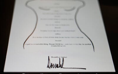 This image posted September 8, 2025, on the X account of the Democrats on the House Oversight Committee shows a sexually suggestive birthday note to Jeffrey Epstein alluding to a 'wonderful secret' and purportedly signed by US President Donald Trump, who has denied sending the note. (OversightDems/X via AP)