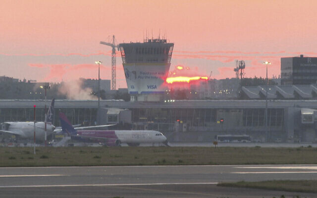 This image made from video shows airplanes parked at Chopin Airport in Warsaw, Poland, Wednesday, Sept. 10, 2025. (AP Photo)