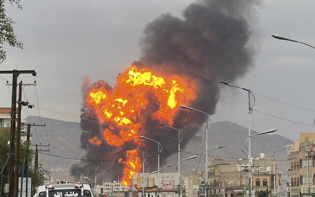 Flames and smoke rise following Israeli airstrikes in Sanaa, Yemen on September 10, 2025. (AP Photo)
