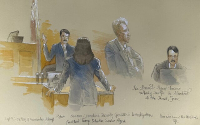 This courtroom sketch shows Secret Service agent Robert Fercano identifying the defendant in the trial of Ryan Routh, who is charged with attempting to assassinate Donald Trump last year at a golf course in South Florida, September 11, 2025, in Fort Pierce, Florida. (Lothar Speer via AP) This courtroom sketch shows Secret Service agent Robert Fercano identifying the defendant in the trial of Ryan Routh, who is charged with attempting to assassinate Donald Trump last year at a golf course in South Florida, September 11, 2025, in Fort Pierce, Florida. (Lothar Speer via AP)