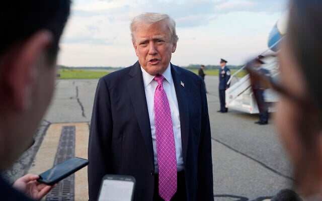 US President Donald Trump speaks with reporters before boarding Air Force One at Morristown Airport, September 14, 2025, in Morristown, New Jersey. (AP Photo/Alex Brandon) US President Donald Trump speaks with reporters before boarding Air Force One at Morristown Airport, September 14, 2025, in Morristown, New Jersey. (AP Photo/Alex Brandon)