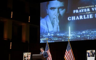 Speaker of the House Mike Johnson, a Louisiana Republican, speaks during a memorial and prayer vigil for Charlie Kirk at the John F. Kennedy Memorial Center for the Performing Arts, September 14, 2025, in Washington, DC. (AP Photo/Rod Lamkey, Jr.)