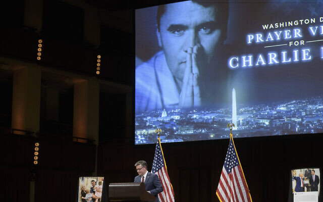 Speaker of the House Mike Johnson, a Louisiana Republican, speaks during a memorial and prayer vigil for Charlie Kirk at the John F. Kennedy Memorial Center for the Performing Arts, September 14, 2025, in Washington, DC. (AP Photo/Rod Lamkey, Jr.) Speaker of the House Mike Johnson, a Louisiana Republican, speaks during a memorial and prayer vigil for Charlie Kirk at the John F. Kennedy Memorial Center for the Performing Arts, September 14, 2025, in Washington, DC. (AP Photo/Rod Lamkey, Jr.)