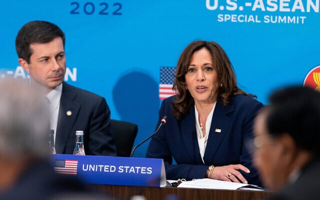 US Vice President Kamala Harris, right, next to Transportation Secretary Pete Buttigieg, speaks during a plenary session of the US-ASEAN Summit, May 13, 2022, at the State Department in Washington. (AP Photo/Jacquelyn Martin, File)