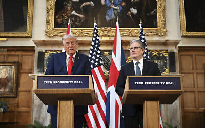 US President Donald Trump and Britain's Prime Minister Keir Starmer hold a joint press conference at Chequers near Aylesbury, England, September 18, 2025.  (Leon Neal/Pool Photo via AP)
