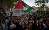 Pro-Palestinian, anti-Israel protesters march during a demonstration in Barcelona, Spain, September 18, 2025, as they show their solidarity with the people of Gaza. (AP Photo/Emilio Morenatti)