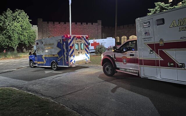 Ambulances are parked outside a hotel acting as a reunification center after a shooting at a country club in Nashua, New Hampshire, on September 20, 2025. (AP/Michael Casey) Ambulances are parked outside a hotel acting as a reunification center after a shooting at a country club in Nashua, New Hampshire, on September 20, 2025. (AP/Michael Casey)