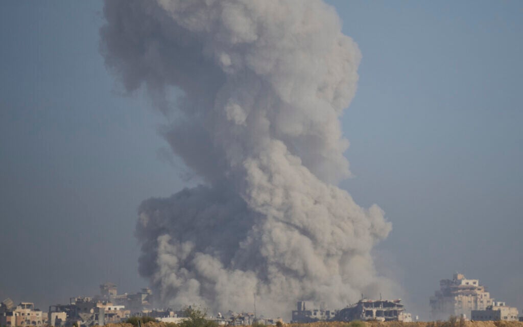 Smoke rises following an explosion in the Gaza Strip, as seen from southern Israel, Sunday, Sept. 21, 2025. (AP/Ohad Zwigenberg)