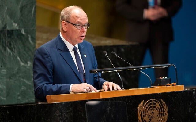 Prince Albert II, the Prince of Monaco, addresses the 80th session of the UN General Assembly at the High-level meeting convened on the thirtieth anniversary of the Fourth World Conference on Women at the United Nations headquarters, September 22, 2025. (AP Photo/Angelina Katsanis)