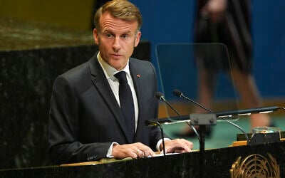French President Emmanuel Macron speaks during a meeting at the United Nations during which France recognized a Palestinian state and south to galvanize support for a two-state solution to the Israeli-Palestinian conflict, Sept. 22, 2025, at UN headquarters. (AP Photo/Angelina Katsanis)