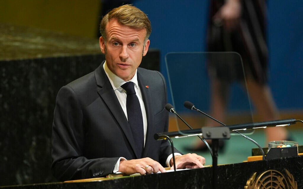 French President Emmanuel Macron speaks during a high-profile meeting at the United Nations aimed at galvanizing support for a two-state solution to the Israeli-Palestinian conflict Monday, Sept. 22, 2025, at UN headquarters. (AP Photo/Angelina Katsanis)