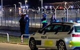 Danish police patrol at Copenhagen Airport, Denmark, Monday September 22, 2025. (Steven Knap/Ritzau Scanpix via AP)