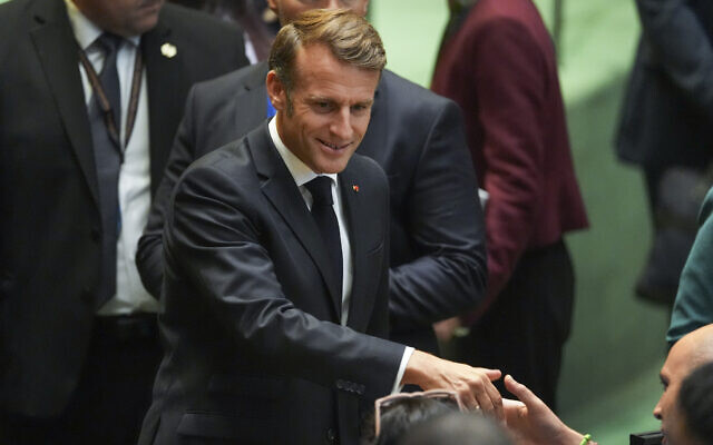 French President Emmanuel Macron greets delegates upon arriving inside the UN General Assembly hall, September 22, 2025, at UN headquarters. (AP Photo/Angelina Katsanis) French President Emmanuel Macron greets delegates upon arriving inside the UN General Assembly hall, September 22, 2025, at UN headquarters. (AP Photo/Angelina Katsanis)