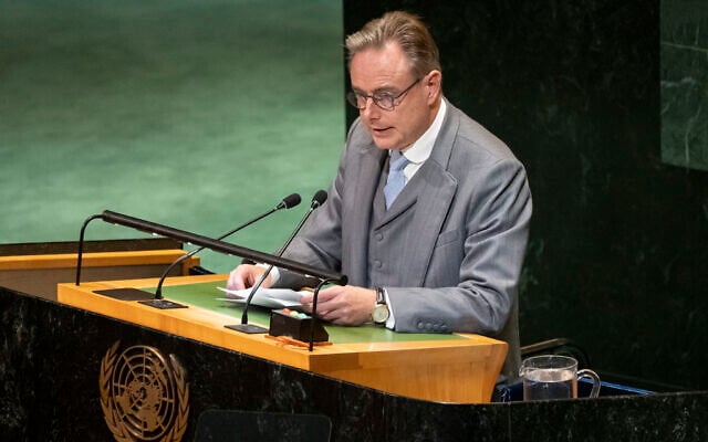 Belgium's Prime Minister Bart De Wever speaks during a high-profile meeting at the United Nations aimed at galvanizing support for a two-state solution to the Israel-Palestinian conflict, September 22, 2025, at UN headquarters. (AP Photo/Yuki Iwamura)