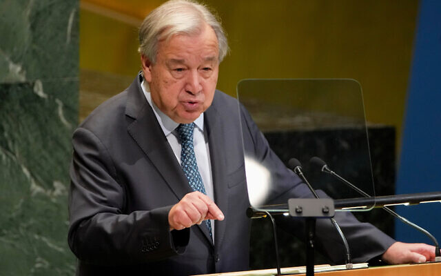 Secretary General Antonio Guterres addresses the 80th session of the United Nations General Assembly, Tuesday, Sept. 23, 2025, at UN headquarters. (AP Photo/Angelina Katsanis)