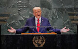 U.S. President Donald Trump addresses the 80th session of the United Nations General Assembly, Sept. 23, 2025. (AP Photo/Richard Drew)