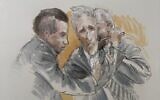 This courtroom sketch shows Ryan Routh trying to stab himself in the neck with a pen, after being found guilty of attempting to assassinate Donald Trump at a Florida golf course last year, September 23, 2025, in Fort Pierce, Florida. (Lothar Speer via AP)