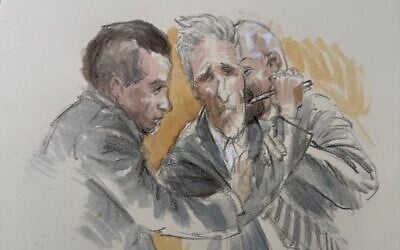 This courtroom sketch shows Ryan Routh trying to stab himself in the neck with a pen, after being found guilty of attempting to assassinate Donald Trump at a Florida golf course last year, September 23, 2025, in Fort Pierce, Florida. (Lothar Speer via AP)
