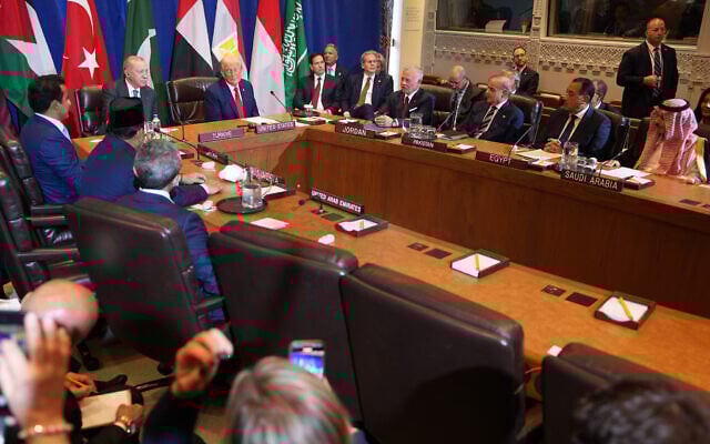 US President Donald Trump attends a multilateral meeting with leaders of Qatar, Jordan, Turkey, Pakistan, Indonesia, Egypt, United Arab Emirates and Saudi Arabia, during the United Nations General Assembly, Tuesday, Sept. 23, 2025, in New York. (AP Photo/Evan Vucci)