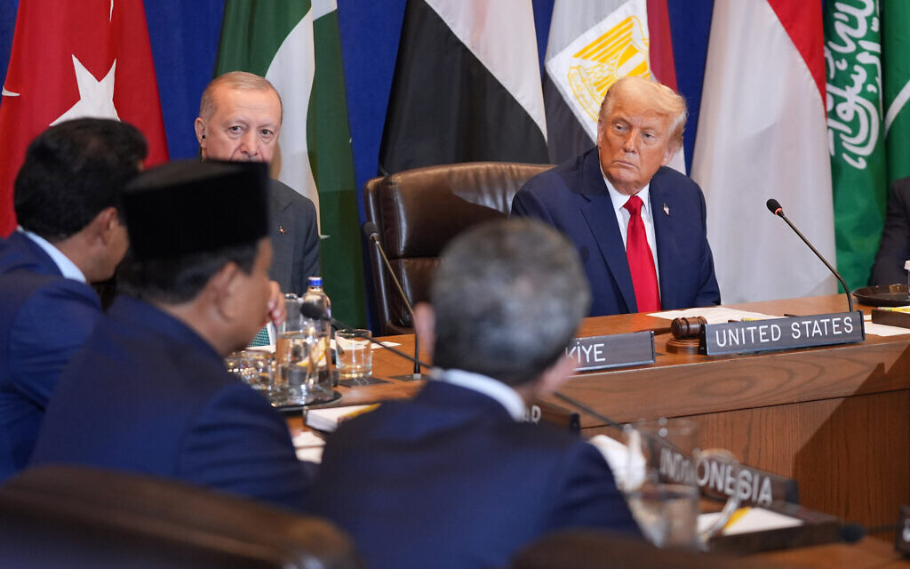 US President Donald Trump listens during a multilateral meeting with leaders of Qatar, Jordan, Turkey, Pakistan, Indonesia, Egypt United Arab of Emirates and Saudi Arabia, during the United Nations General Assembly, September 23, 2025, in New York. (AP Photo/Evan Vucci)