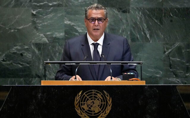 Morocco's Prime Minister Aziz Akhannouch addresses the 80th session of the United Nations General Assembly, September 23, 2025, at UN headquarters in New York. (AP Photo/Pamela Smith) Morocco's Prime Minister Aziz Akhannouch addresses the 80th session of the United Nations General Assembly, September 23, 2025, at UN headquarters in New York. (AP Photo/Pamela Smith)