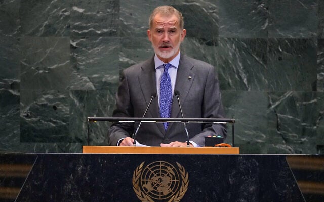 King Felipe VI of Spain addresses the 80th session of the United Nations General Assembly, September 24, 2025. (AP Photo/Richard Drew) King Felipe VI of Spain addresses the 80th session of the United Nations General Assembly, September 24, 2025. (AP Photo/Richard Drew)