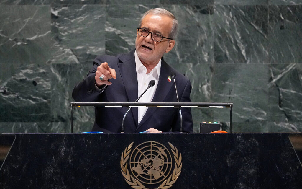 Iran President Masoud Pezeshkian addresses the 80th session of the United Nations General Assembly, in New York City, September 24, 2025. (AP Photo/Richard Drew)