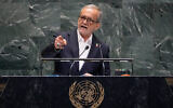 Iran President Masoud Pezeshkian addresses the 80th session of the United Nations General Assembly, in New York City, September 24, 2025. (AP Photo/Richard Drew)