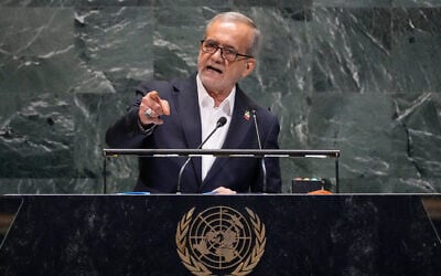 Iran President Masoud Pezeshkian addresses the 80th session of the United Nations General Assembly, in New York City, September 24, 2025. (AP Photo/Richard Drew)