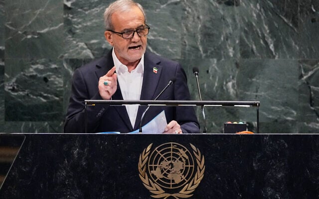 Iran President Masoud Pezeshkian addresses the 80th session of the United Nations General Assembly, Wednesday, Sept. 24, 2025. (AP Photo/Richard Drew)