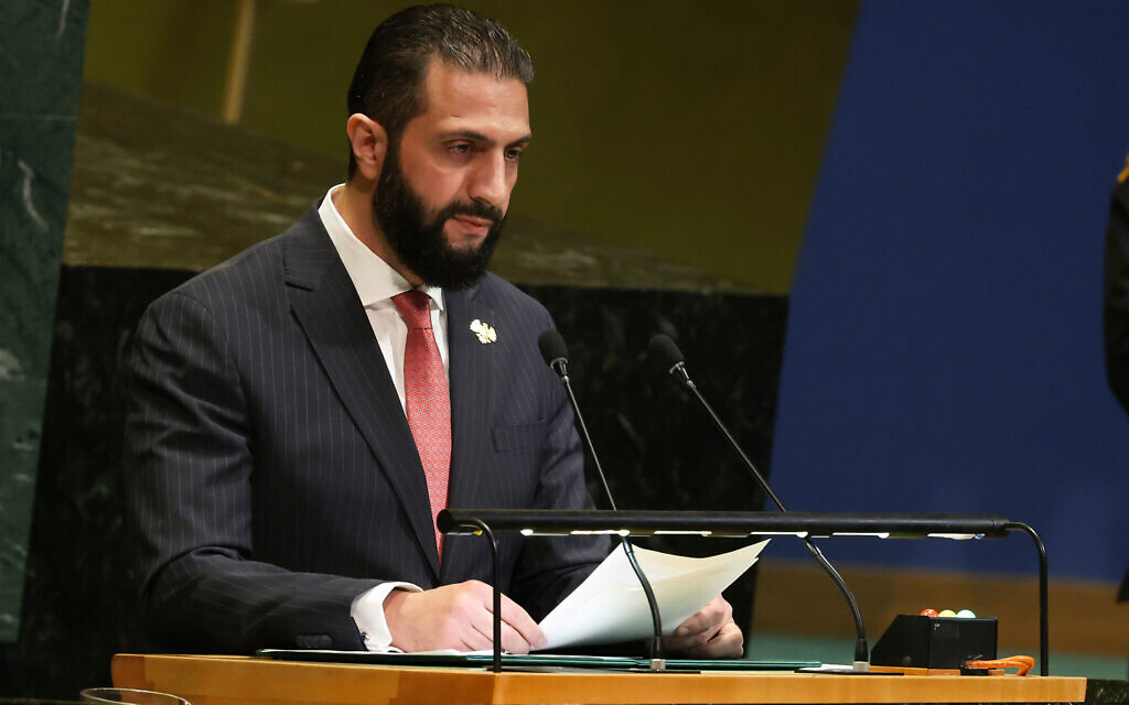 Syria President Ahmad Sharaa speaks during the 80th session of the United Nations General Assembly, September 24, 2025, at UN headquarters. (AP/Heather Khalifa)