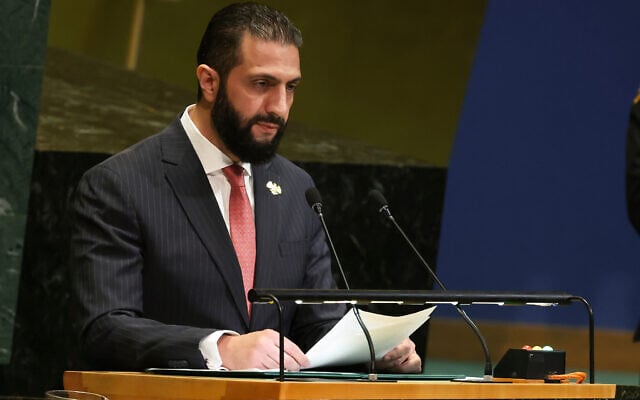 Syria President Ahmad Sharaa speaks during the 80th session of the United Nations General Assembly, Wednesday, Sept. 24, 2025, at UN headquarters. (AP/Heather Khalifa)